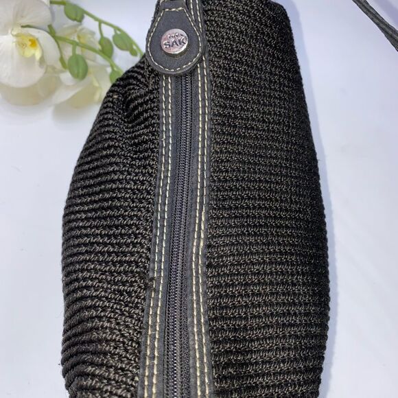 The Sak Black Crochet Shoulder Bag Leather Trim Medium - Picture 6 of 8